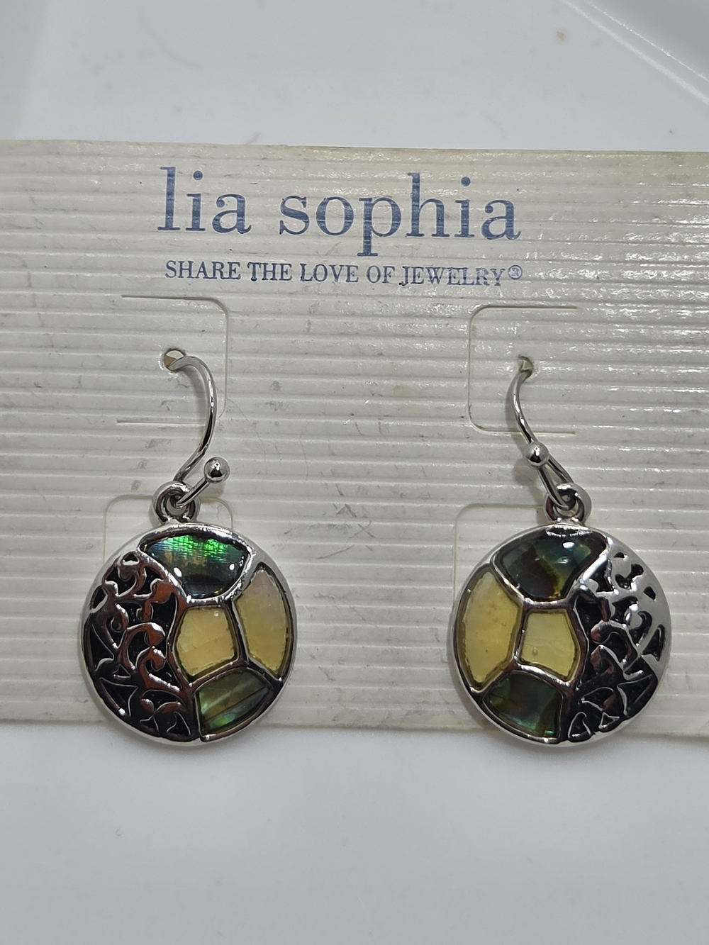 NWT Lia Sophia Faux Abalone Shell Cutout Round Dangle Earrings Boho Silver 🐚✨